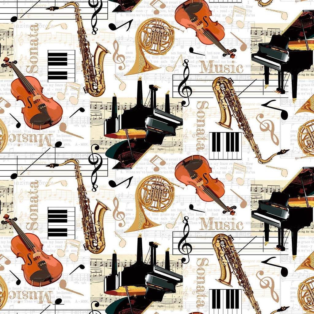 Cream Metallic Instruments On Music Sheets - Timeless Treasures
