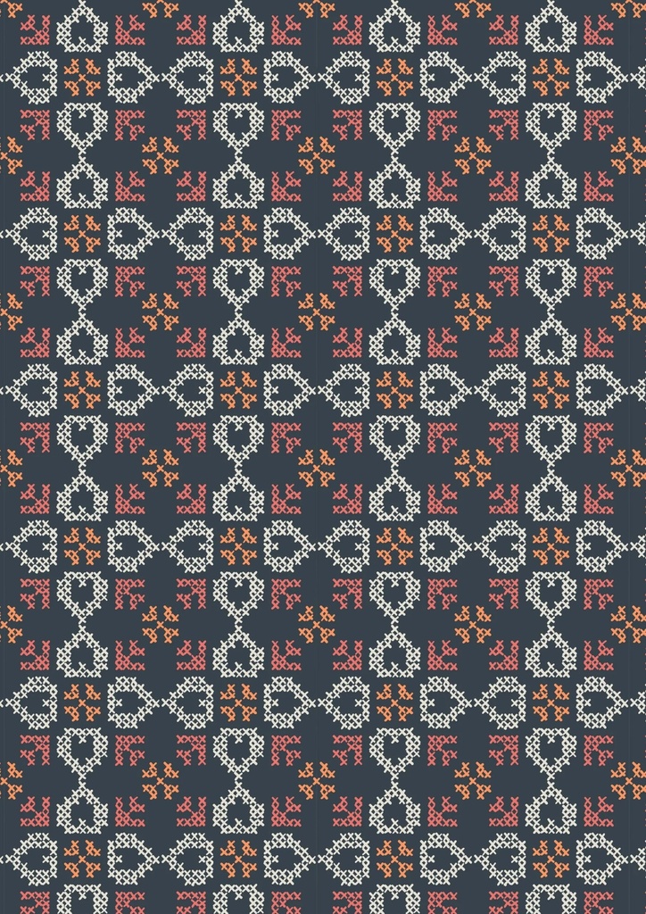 Folk Floral Cross Stitch Hearts on Navy