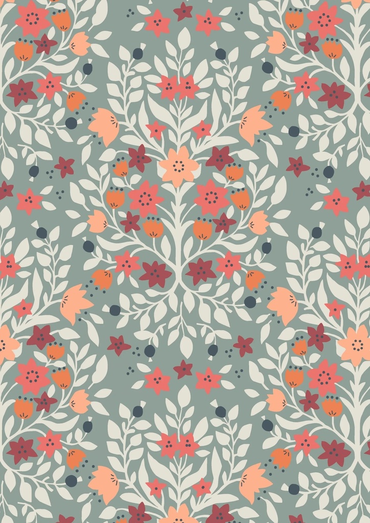 Folk Floral Damask on Iced Sage