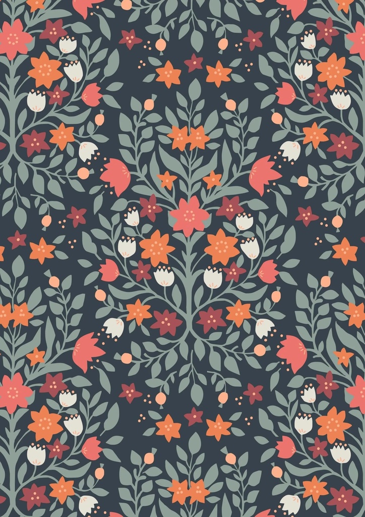 Folk Floral Damask on Navy Blue