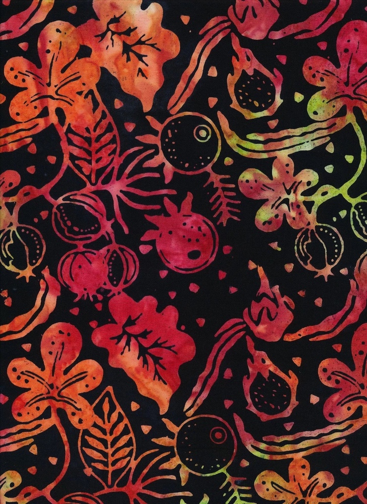 Pink/Orange Plants and Foliage on Black Background - Mandarin - Majestic Batiks
