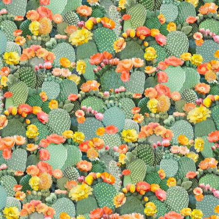 Green Floral Cactus With Dots - 1 yd Cuts