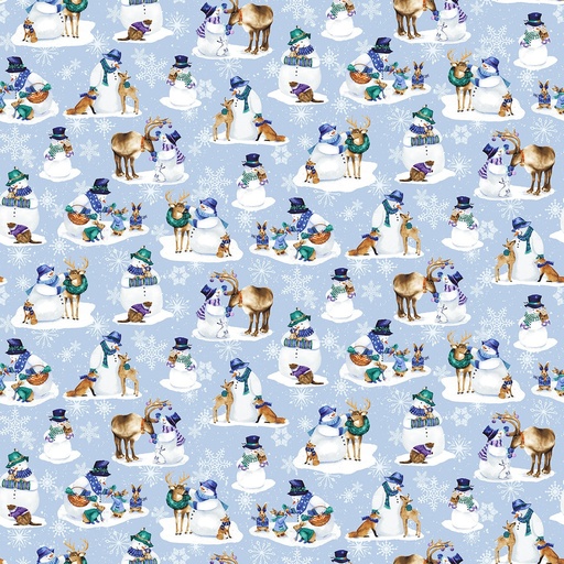 [351-11] Flurry Friends Snowman & Critter Allover Blue