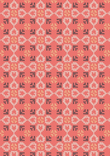 [A669.2 Coral] Folk Floral Cross Stitch Hearts on Coral