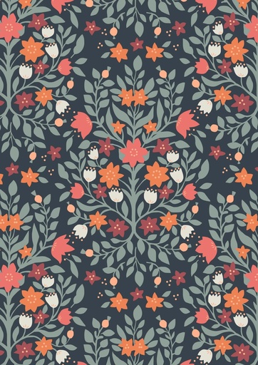 [A666.3 Navy Blue] Folk Floral Damask on Navy Blue