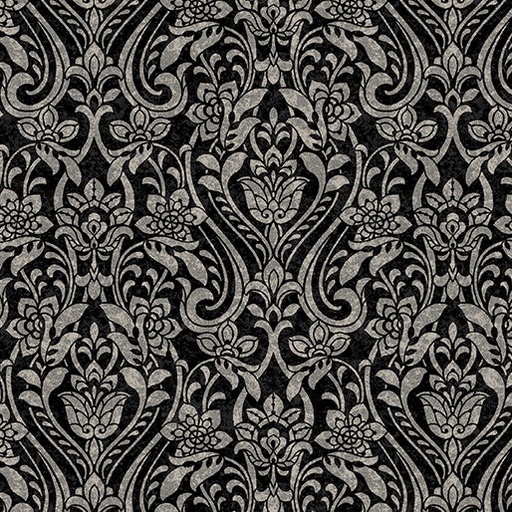 [13216-11] Hummingbirds & Honeysuckle Traditions Damask Black/Grey