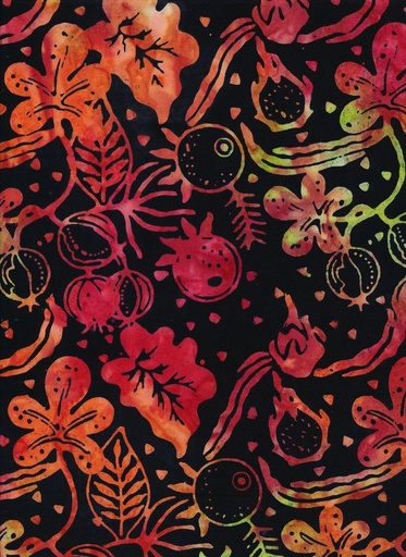 [Mandarin 307] Pink/Orange Plants and Foliage on Black Background - Mandarin - Majestic Batiks