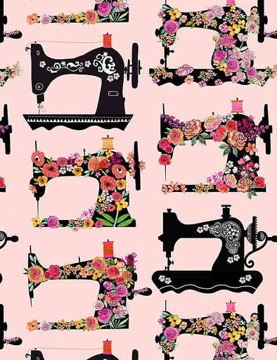 [GAIL-C8803  PINK] Sew Many Gnomes Floral Sewing Machines Pink